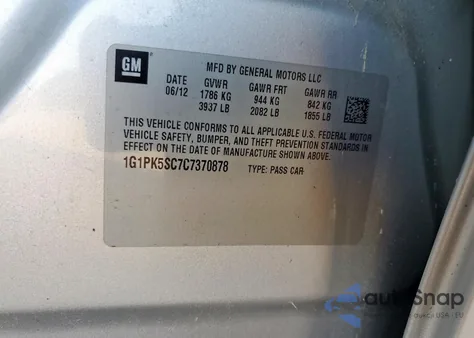 2012 Chevrolet Cruze Eco from USA, damaged, VIN 1G1PK5SC7C7370878